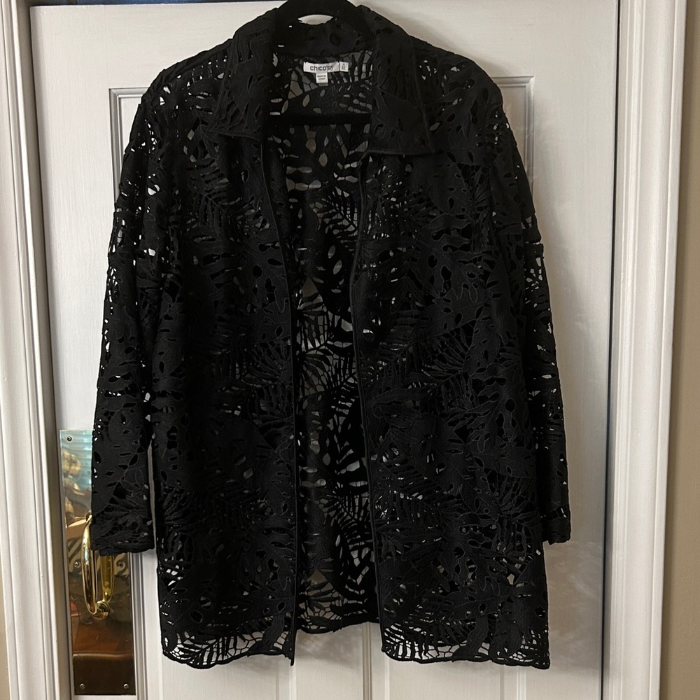 Black Laser-Cut Lace Open Front Jacket Chico’s 4 (XXL) EC